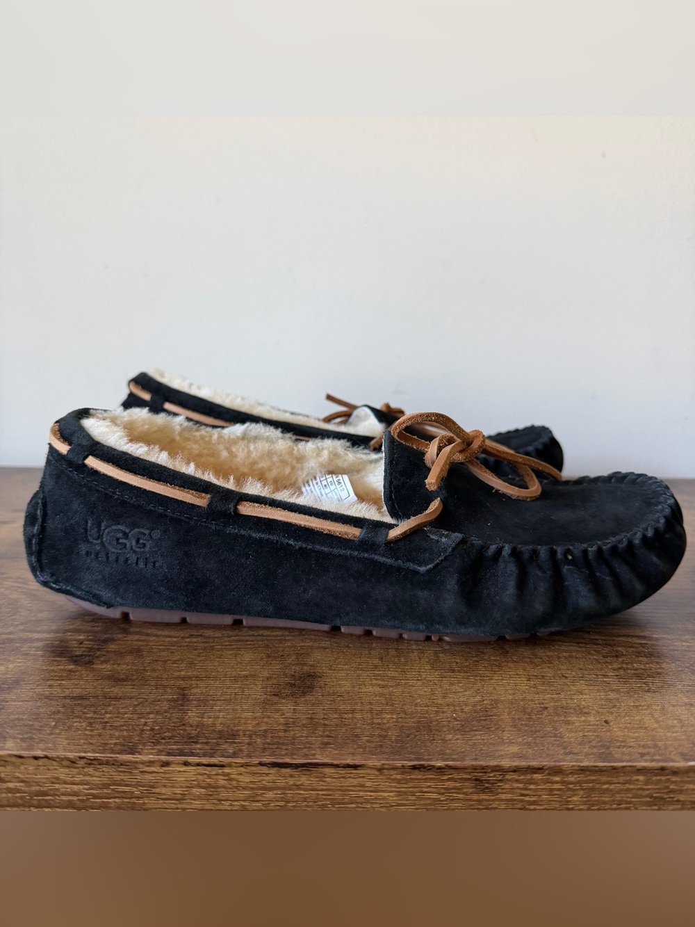 UGG Black Suede Moccasin Slippers with Chestnut Trim